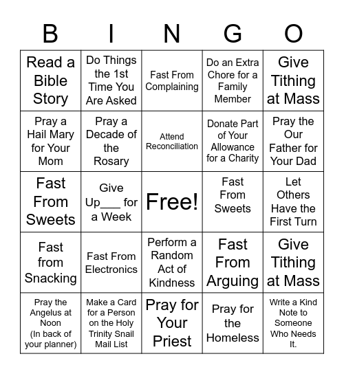 Three Pillars of Lent Bingo Card