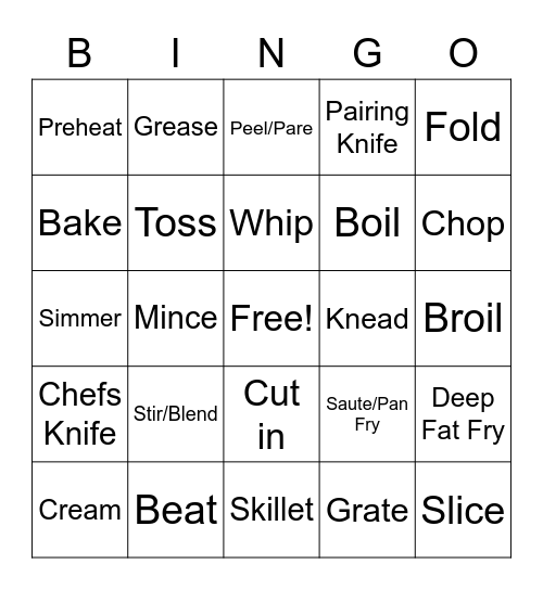 Cooking And Baking Terms Bingo Card