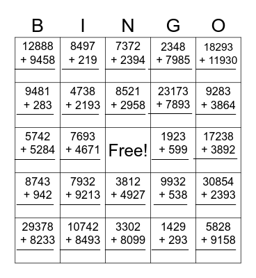 Maths Addition Bingo Card