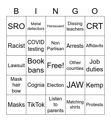 February 2022 GCPS Board Meeting Bingo Card