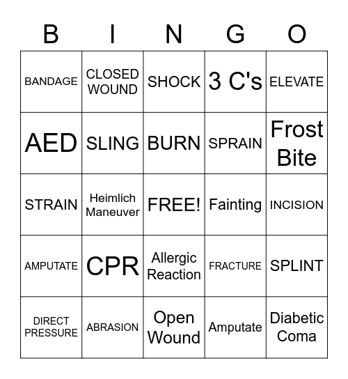 FIRST AID Bingo Card