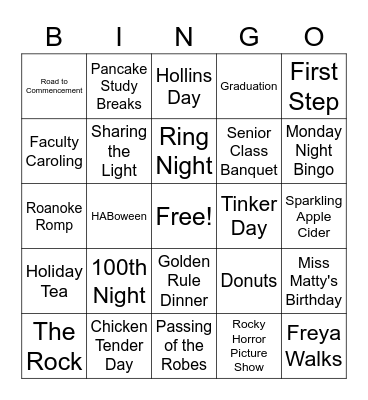 Hollins Traditions Bingo Card