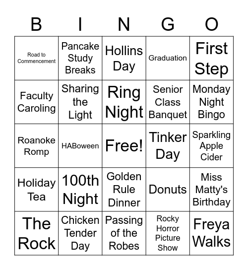 Hollins Traditions Bingo Card