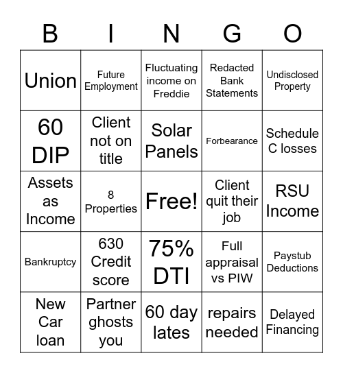 Things you dont want on your loan Bingo Card