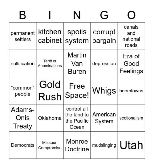 Monroe, Jackson, and Manifest Destiny Bingo Card