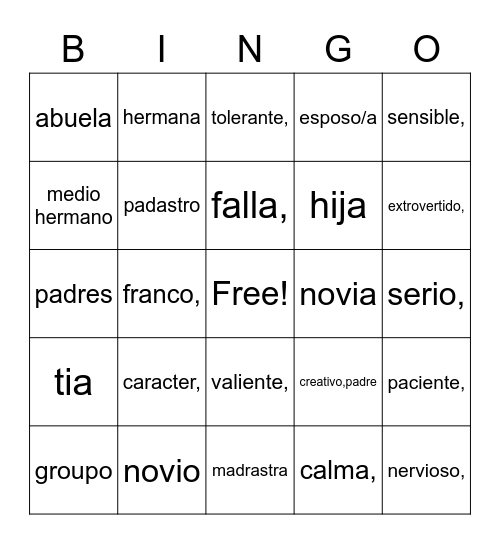 La familia y Los Personajes Bingo Card