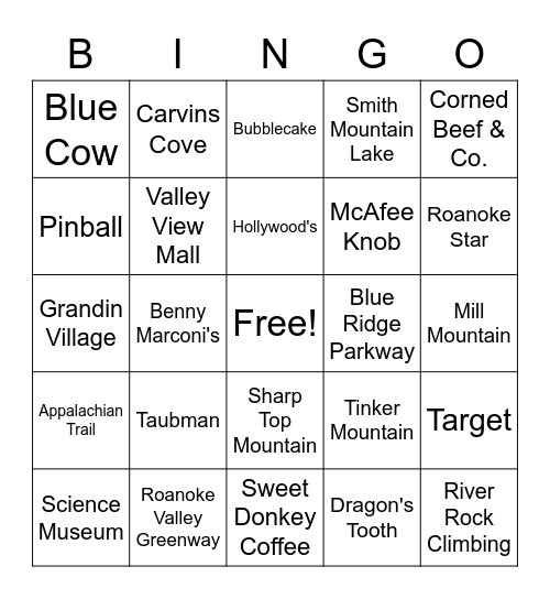 Roanoke Valley Activities Bingo Card