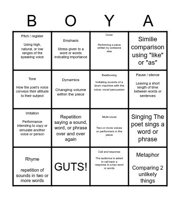 Spoken Word Performance Techniques Bingo Card