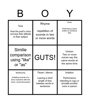 Spoken Word Performance Techniques Bingo Card
