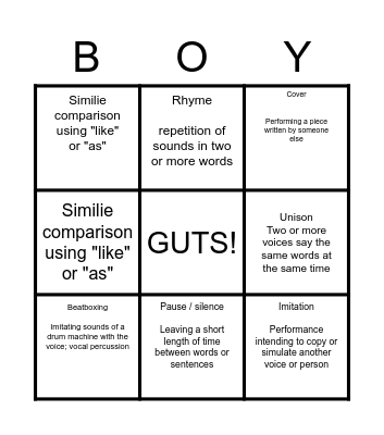 Spoken Word Performance Techniques Bingo Card