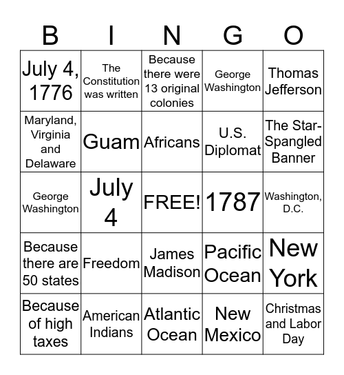 July 25, 2015 Bingo Card