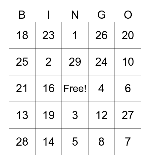 Arabic Numerals BINGO Card