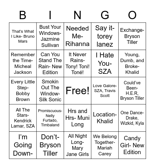 R&B BINGO Card