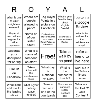 Royal Pointe Spring Bingo Card