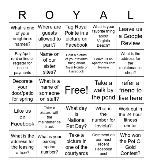 Royal Pointe Spring Bingo Card