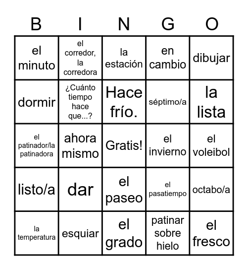 Vocabulario Unidad 7 Bingo Card