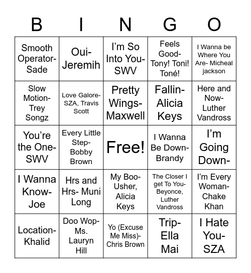 R&B Bingo Card