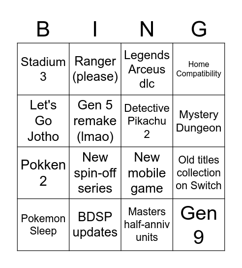 Pokemon Presents Bingo Card