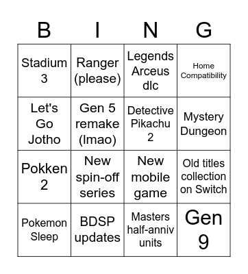 Pokemon Presents Bingo Card