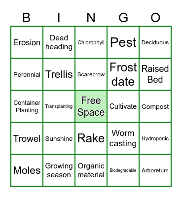 Gardening Bingo Card