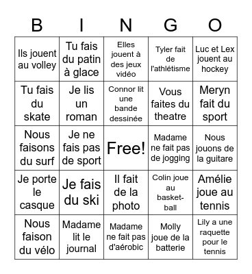 Les sports et les passe-temps Bingo Card