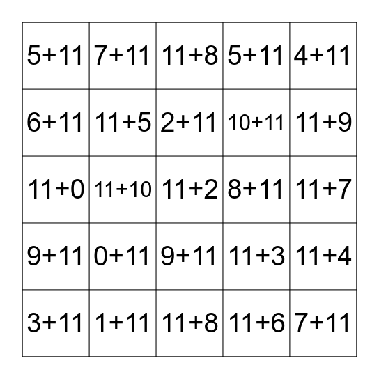 Plus Eleven Fluency 0-10 Bingo Card