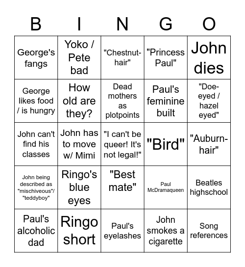 Beatles fanfiction bingo Card