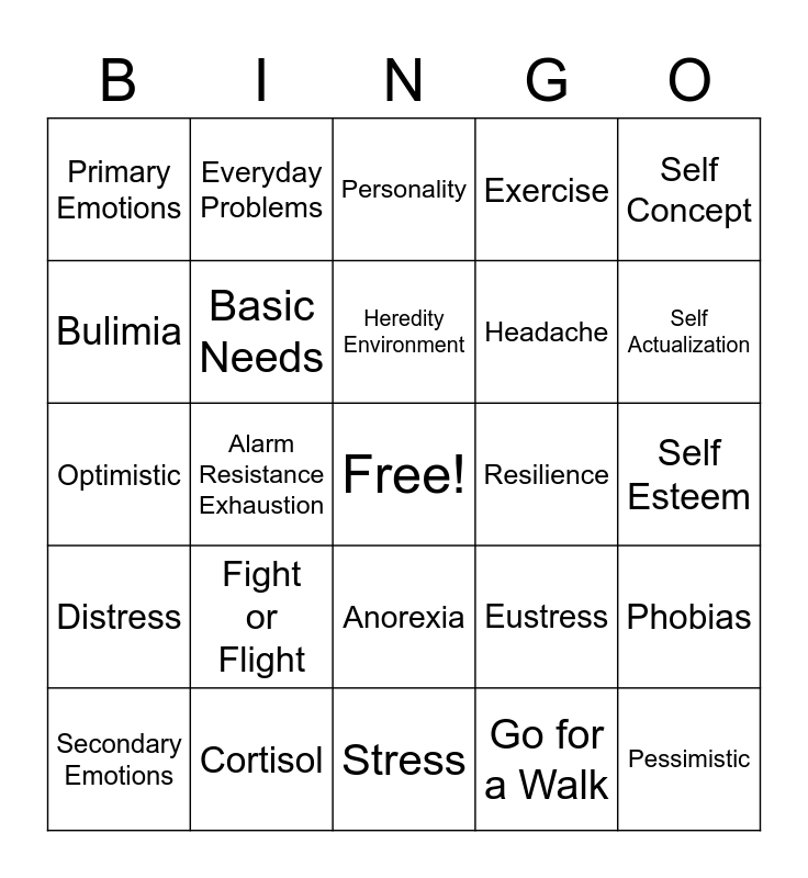 Mental Health Bingo Card