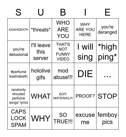 Subie Bingo Card