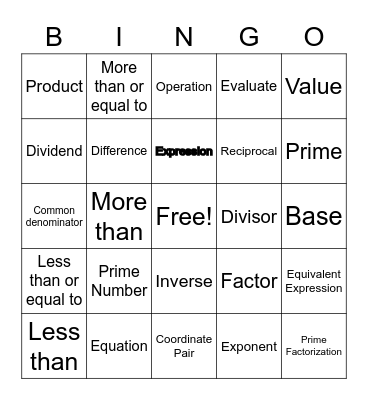 Math Bingo Card