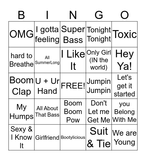 Party Song Bingo Card