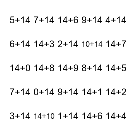 Plus Fourteen Fluency 0-10 Bingo Card