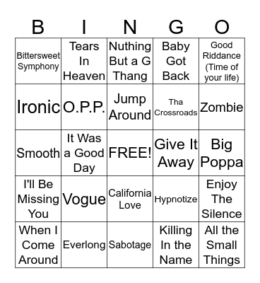 90s Rock Songs Bingo Card