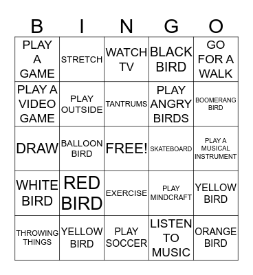 Angry Birds Bingo Card