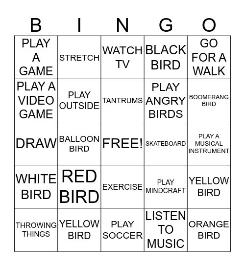 Angry Birds Bingo Card