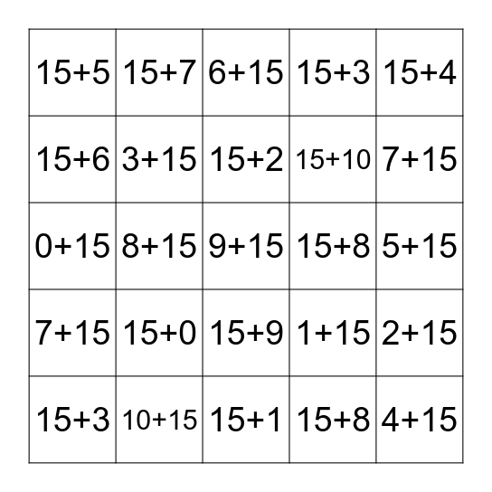 Plus Fifteen Fluency 0-10 Bingo Card