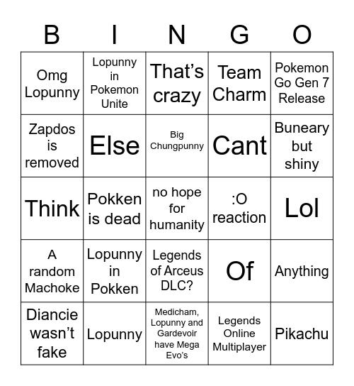 Totally not obsessed w Lopunny Pokemon Announcement Bingo Card
