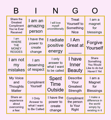 Positive Affirmations/Self-Love Bingo Card