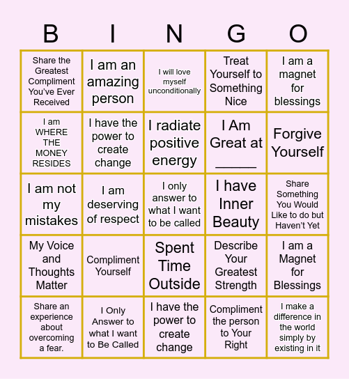 Positive Affirmations/Self-Love Bingo Card