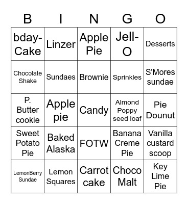DESSERT BINGO Card