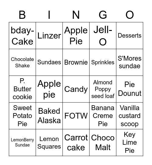 DESSERT BINGO Card