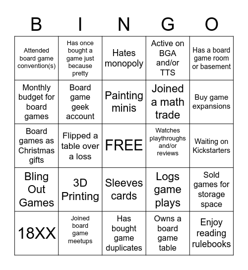 Board Game Bingo Card