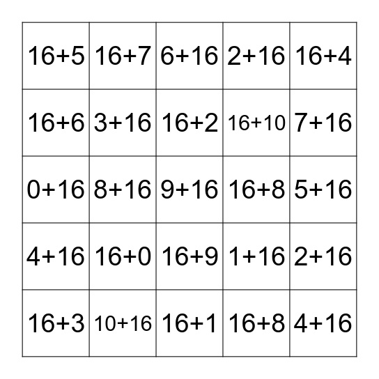 Plus Sixteen Fluency 0-10 Bingo Card