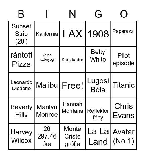 Hollywood Bingo Card