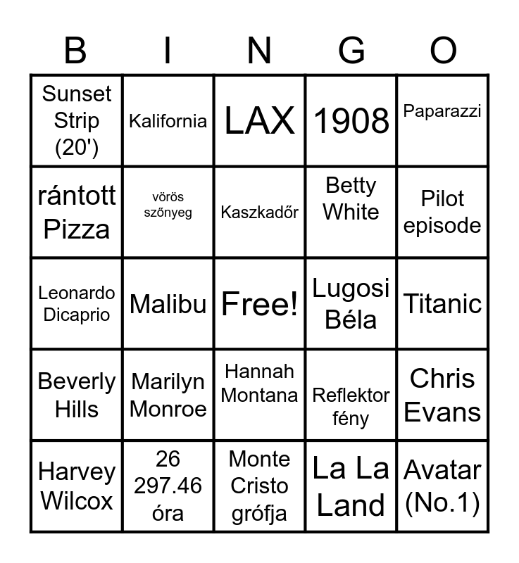 Hollywood Bingo Card