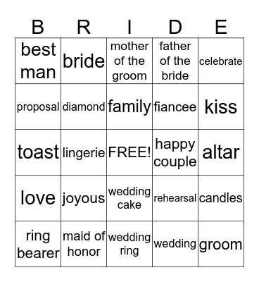 AMESHA'S BRIDAL BINGO Card