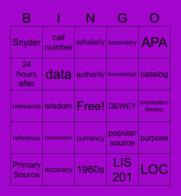 LIS 201 BINGO Card