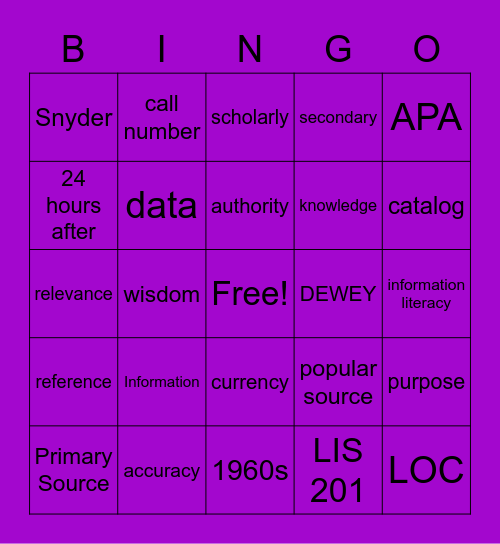 LIS 201 BINGO Card