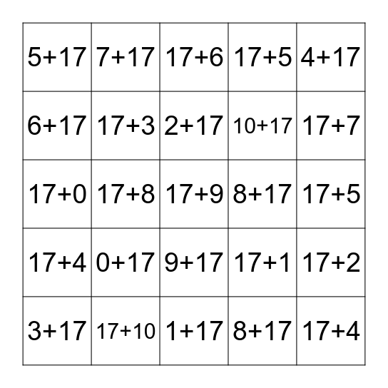 Plus Seventeen Fluency 0-10 Bingo Card