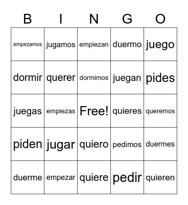 Stem Changing Verbs Bingo Card